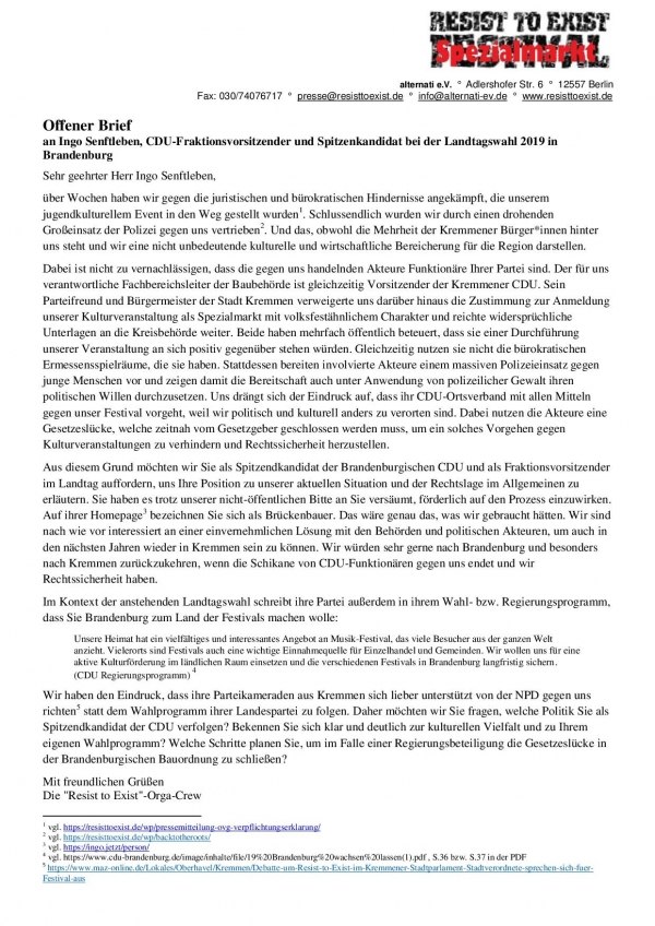 Resist To Exist 2019: Offener Brief an die CDU