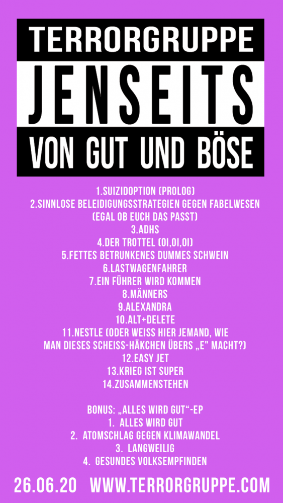 TERRORGRUPPE - Trackliste des lila Albums "JENSEITS VON GUT UND BÖSE“