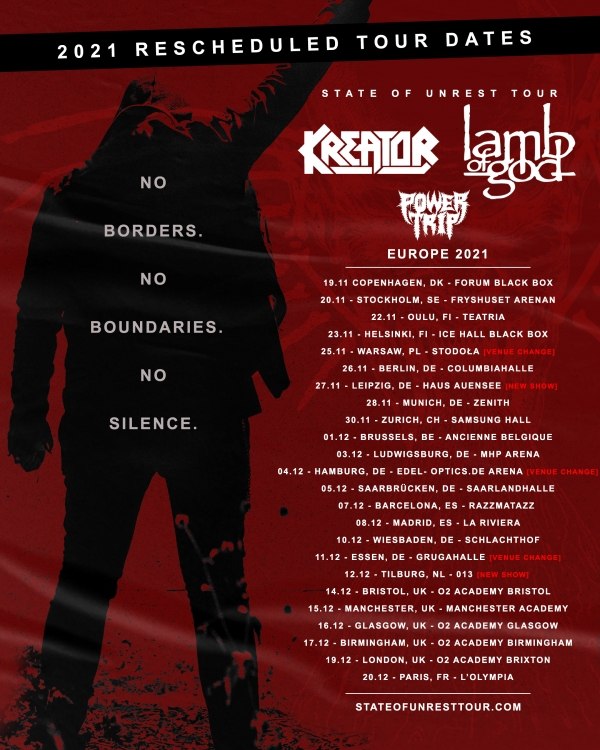 KREATOR and LAMB OF GOD announce new tour dates for their joint concert tour