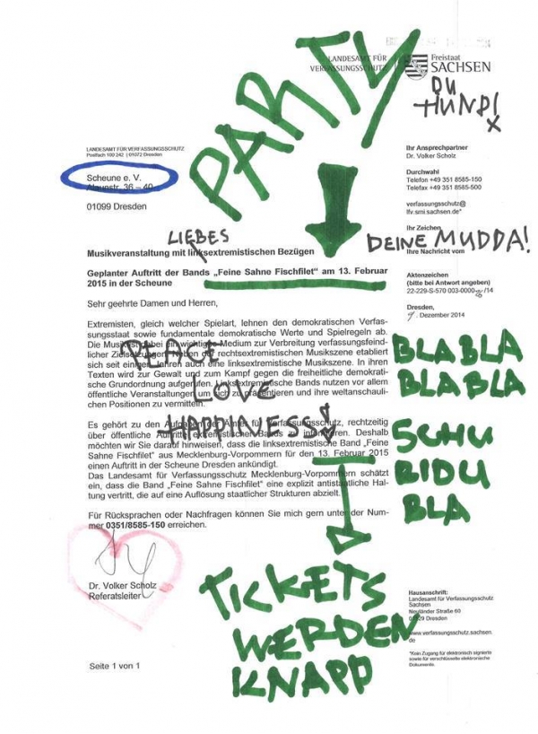 Verfassungsschutz gestaltet Gratis-Flyer für Punkband Feine Sahne Fischfilet
